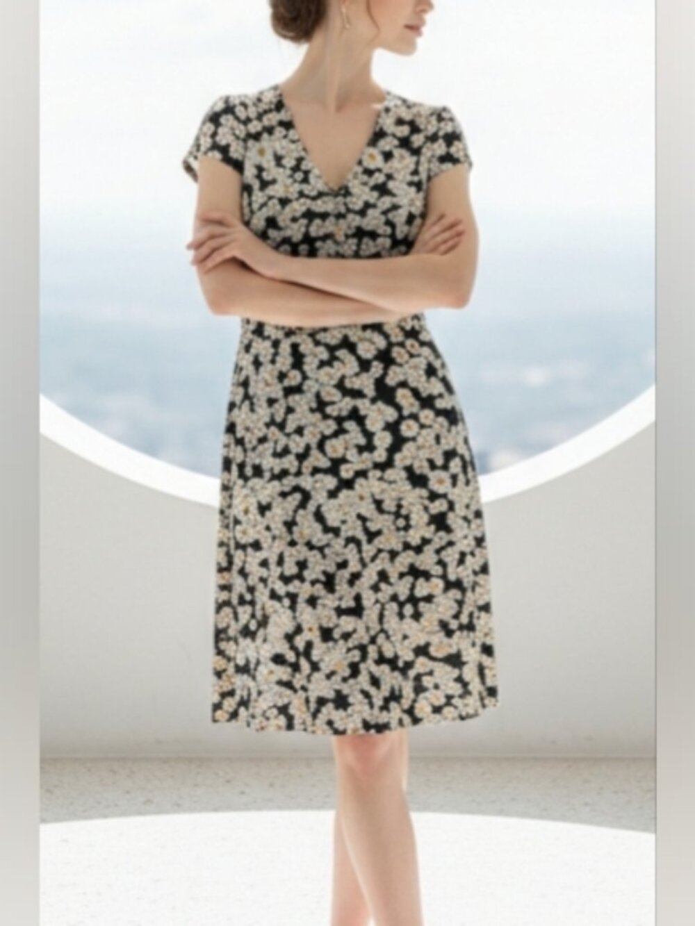 Toad & Co. SZ S Peasant Spring Navy Blue Daisy Print Cap Sleeve Fit Flare Dress